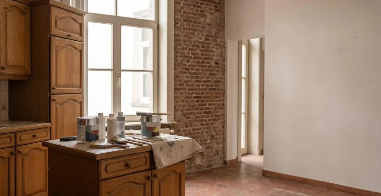Cuisine belge typique en rénovation avec meubles en chêne des années 90 et outils de peinture
