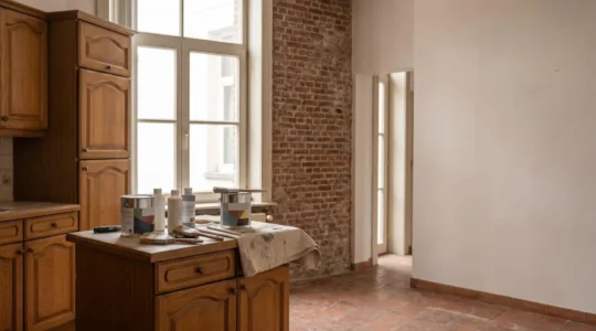 Cuisine belge typique en rénovation avec meubles en chêne des années 90 et outils de peinture