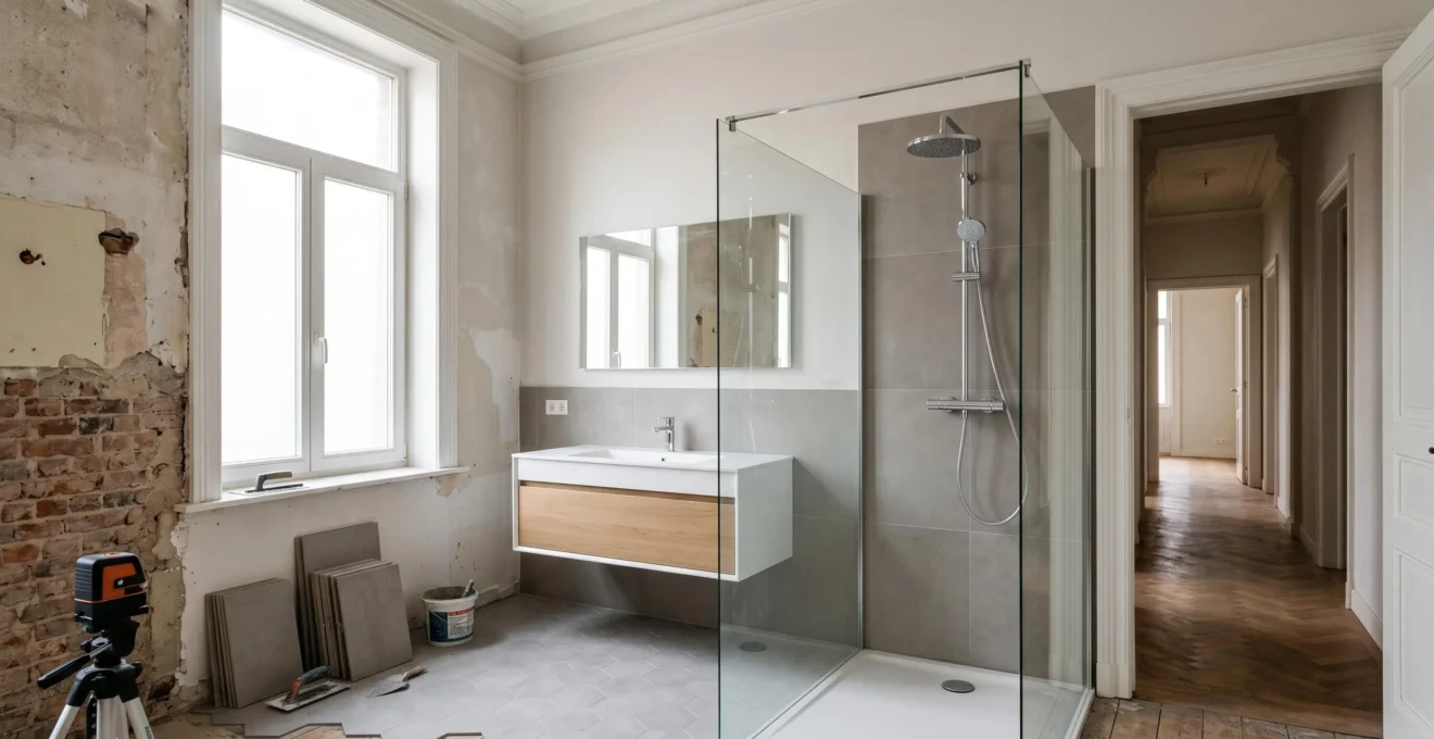 Salle de bain belge moderne en cours de rénovation avec douche à l'italienne et carrelage en grès cérame