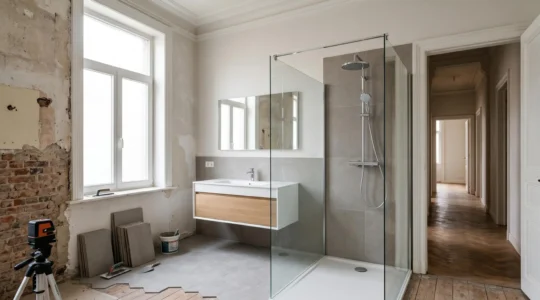 Salle de bain belge moderne en cours de rénovation avec douche à l'italienne et carrelage en grès cérame