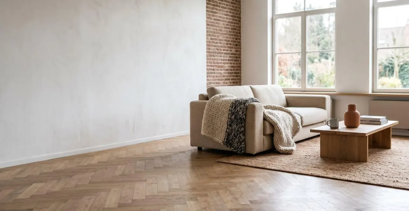 Intérieur chaleureux d'une maison belge moderne avec ambiance thermique équilibrée et confortable
