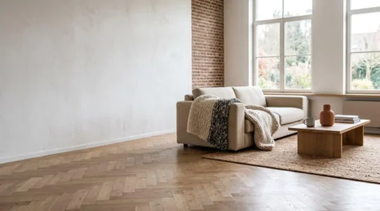 Intérieur chaleureux d'une maison belge moderne avec ambiance thermique équilibrée et confortable
