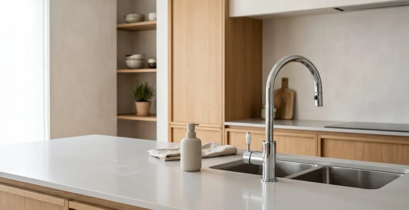 Robinet de cuisine moderne à bec haut avec finition chromée sur plan de travail contemporain