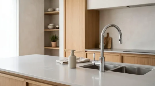 Robinet de cuisine moderne à bec haut avec finition chromée sur plan de travail contemporain
