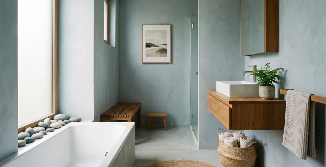 Salle de bain contemporaine apaisante avec matériaux naturels et ambiance spa sans grands travaux