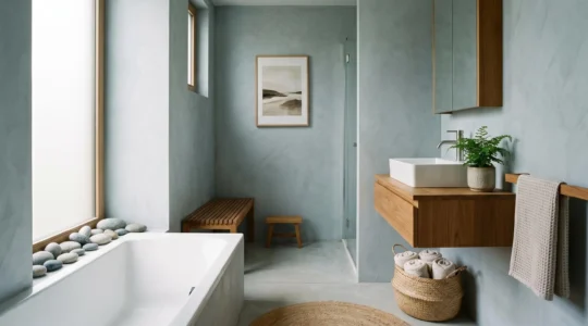 Salle de bain contemporaine apaisante avec matériaux naturels et ambiance spa sans grands travaux