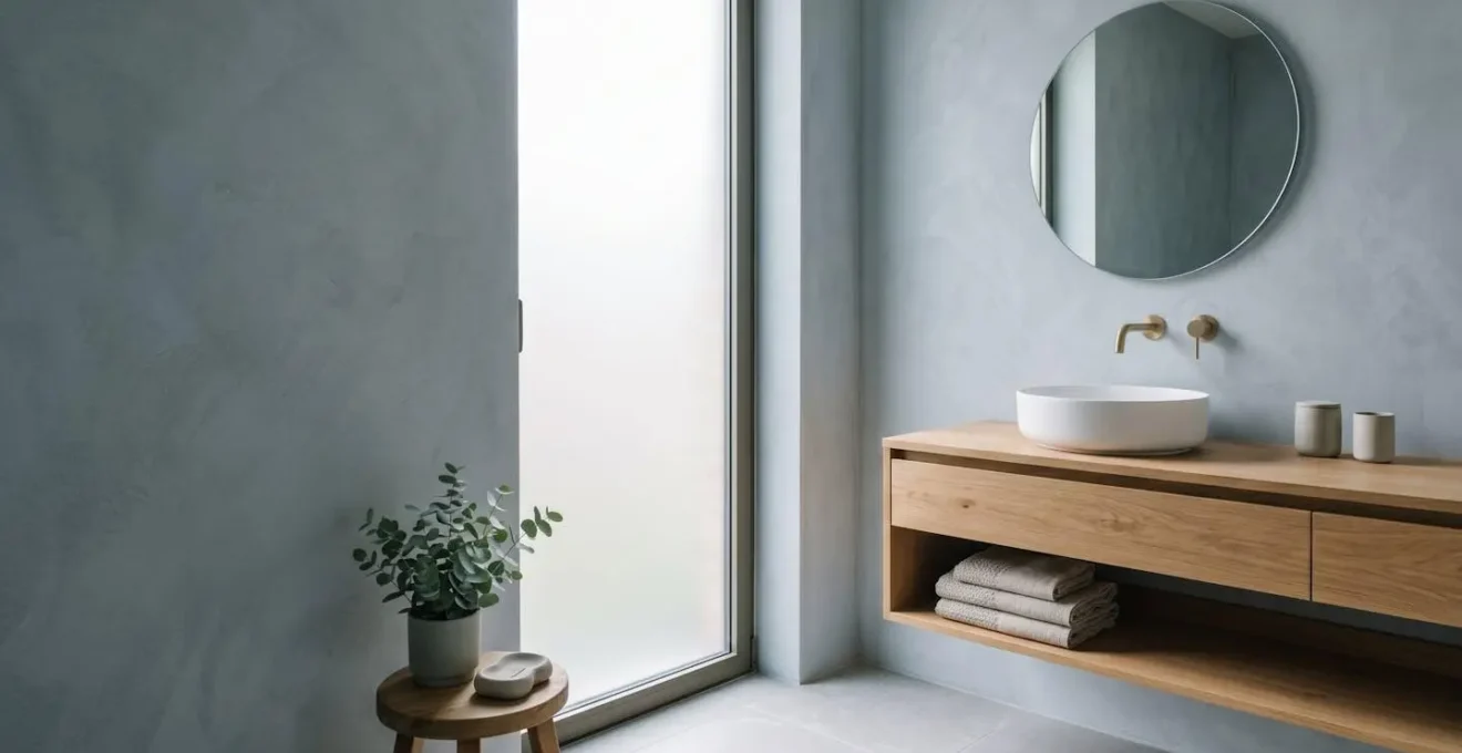 Salle de bain moderne aux tons apaisants avec éclairage naturel doux