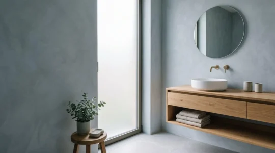 Salle de bain moderne aux tons apaisants avec éclairage naturel doux