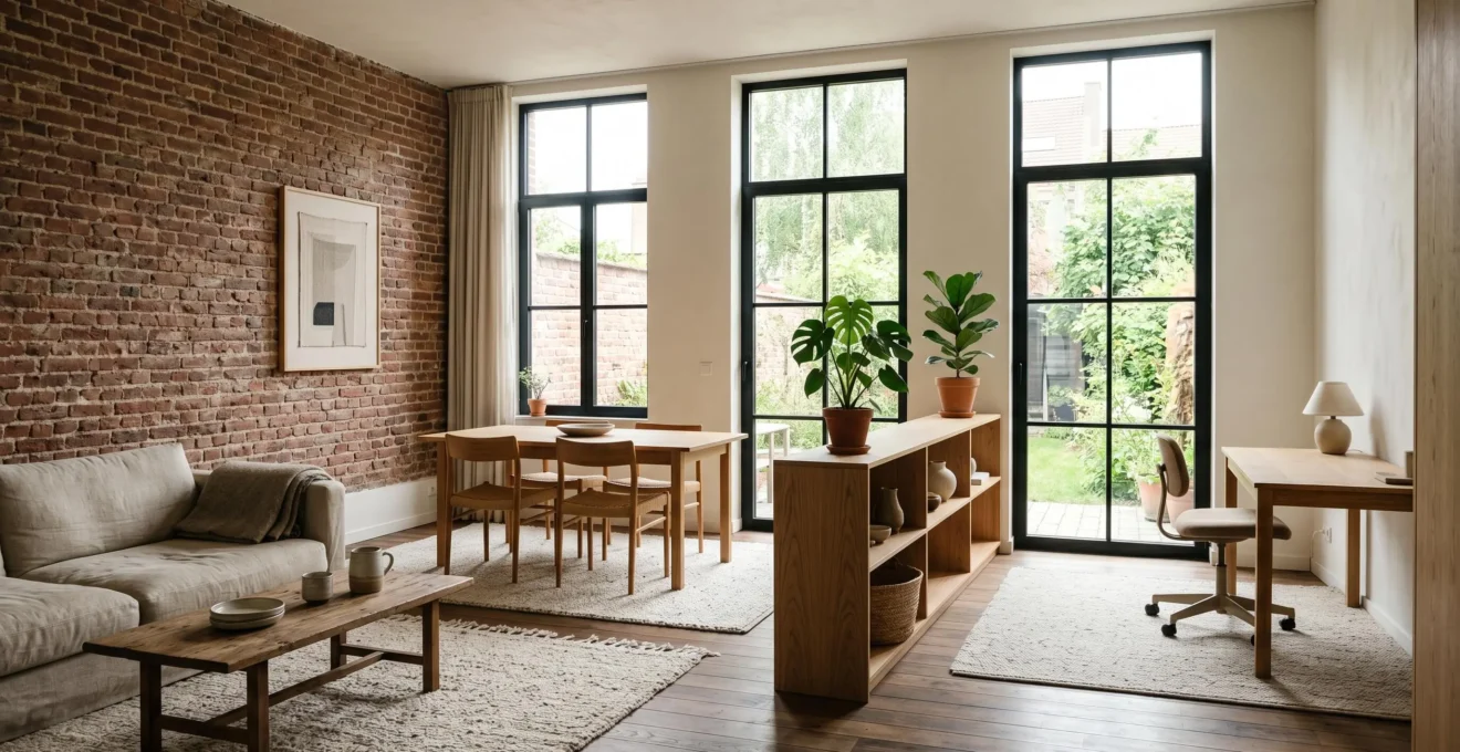 Salon belge moderne avec espaces de vie délimités, lumière naturelle et mobilier modulable
