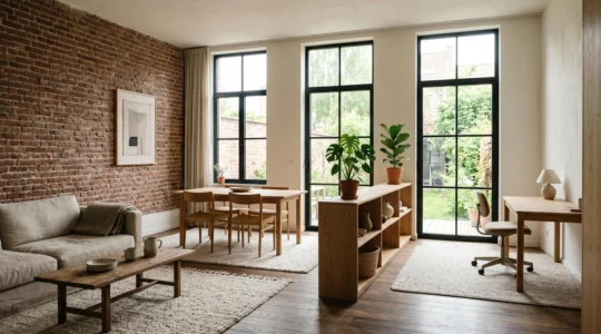 Salon belge moderne avec espaces de vie délimités, lumière naturelle et mobilier modulable