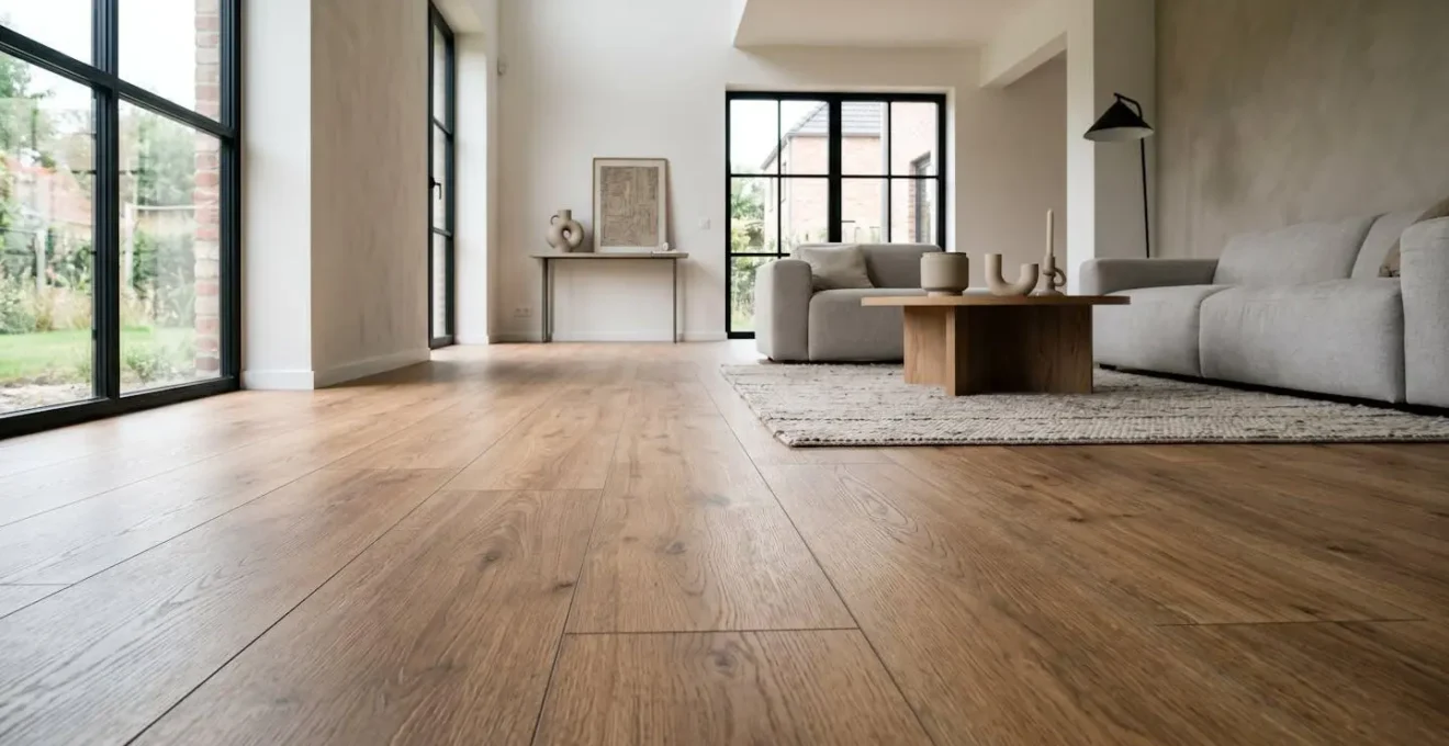 Sol stratifié de qualité posé dans un intérieur résidentiel belge lumineux avec texture bois naturelle
