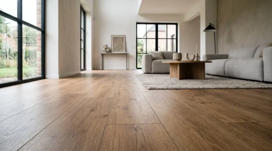 Sol stratifié de qualité posé dans un intérieur résidentiel belge lumineux avec texture bois naturelle