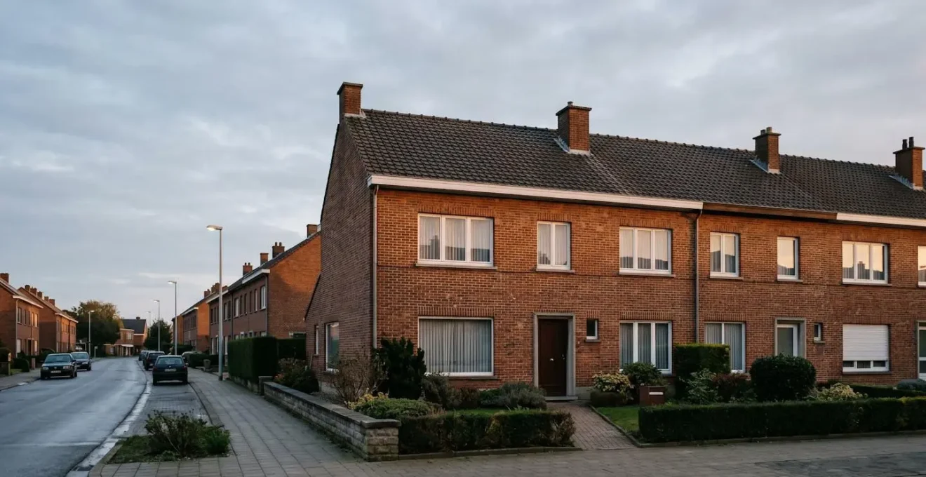 Maison mitoyenne belge typique des années 1970 en brique rouge avec toiture en pente