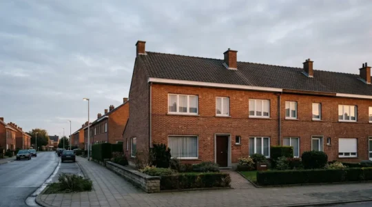 Maison mitoyenne belge typique des années 1970 en brique rouge avec toiture en pente