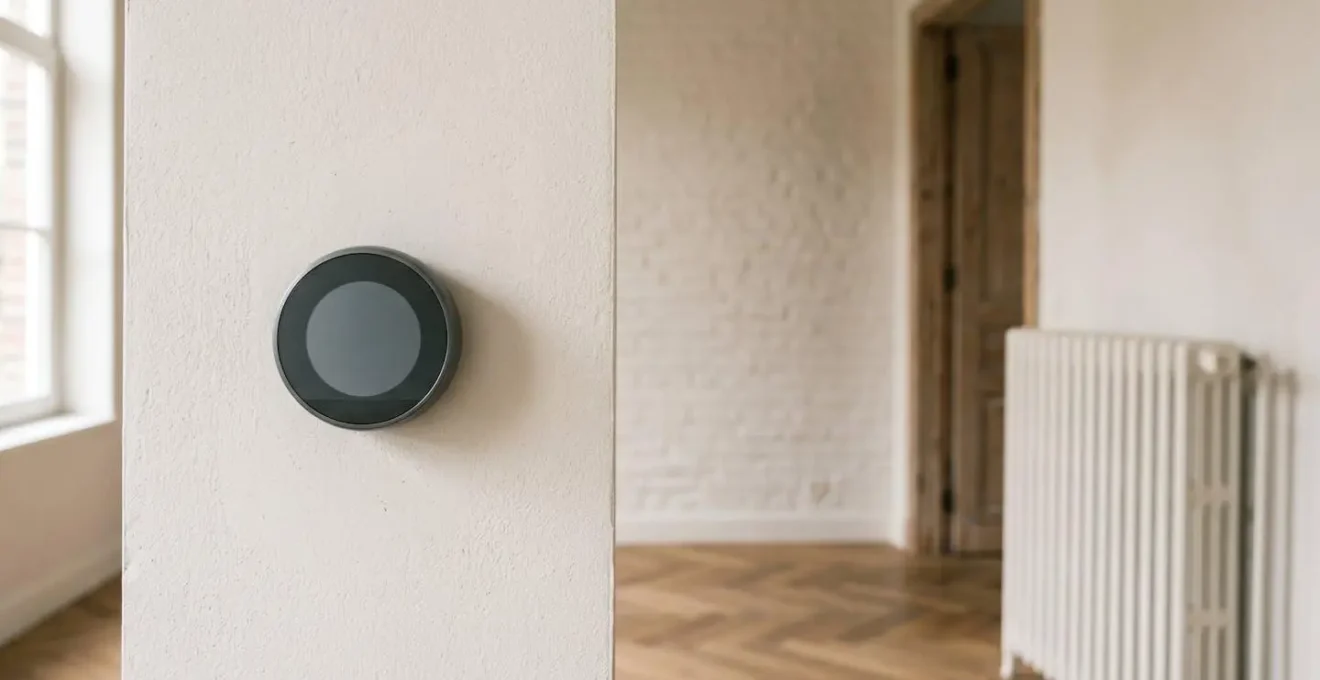 Thermostat intelligent moderne installé dans une maison belge avec ambiance chaleureuse