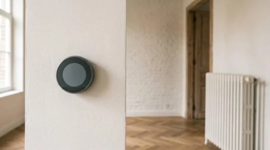 Thermostat intelligent moderne installé dans une maison belge avec ambiance chaleureuse