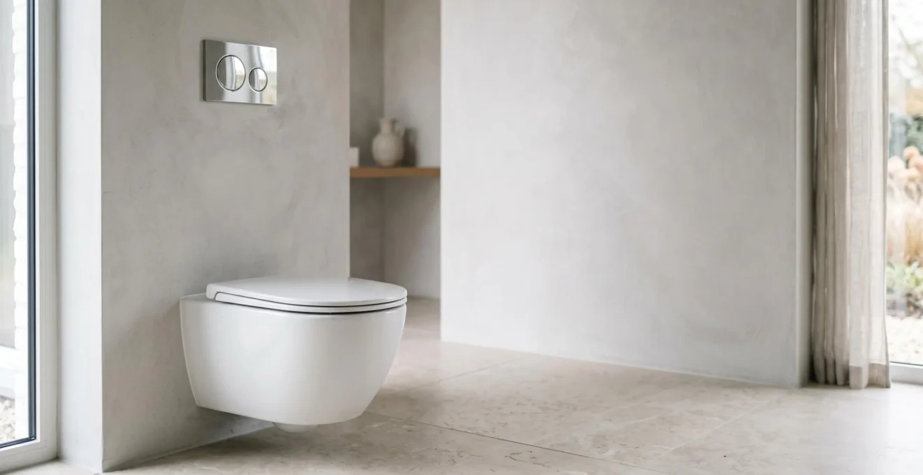 Toilettes suspendues blanches modernes avec mécanisme de chasse d'eau économique à double commande dans une salle de bain belge épurée