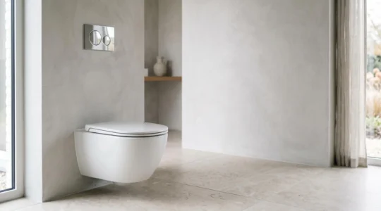 Toilettes suspendues blanches modernes avec mécanisme de chasse d'eau économique à double commande dans une salle de bain belge épurée