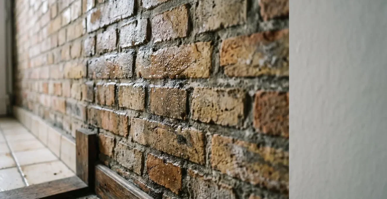 Gros plan sur un mur en briques anciennes présentant des traces d'humidité et de condensation dans une maison belge typique