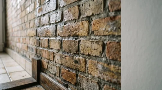 Gros plan sur un mur en briques anciennes présentant des traces d'humidité et de condensation dans une maison belge typique