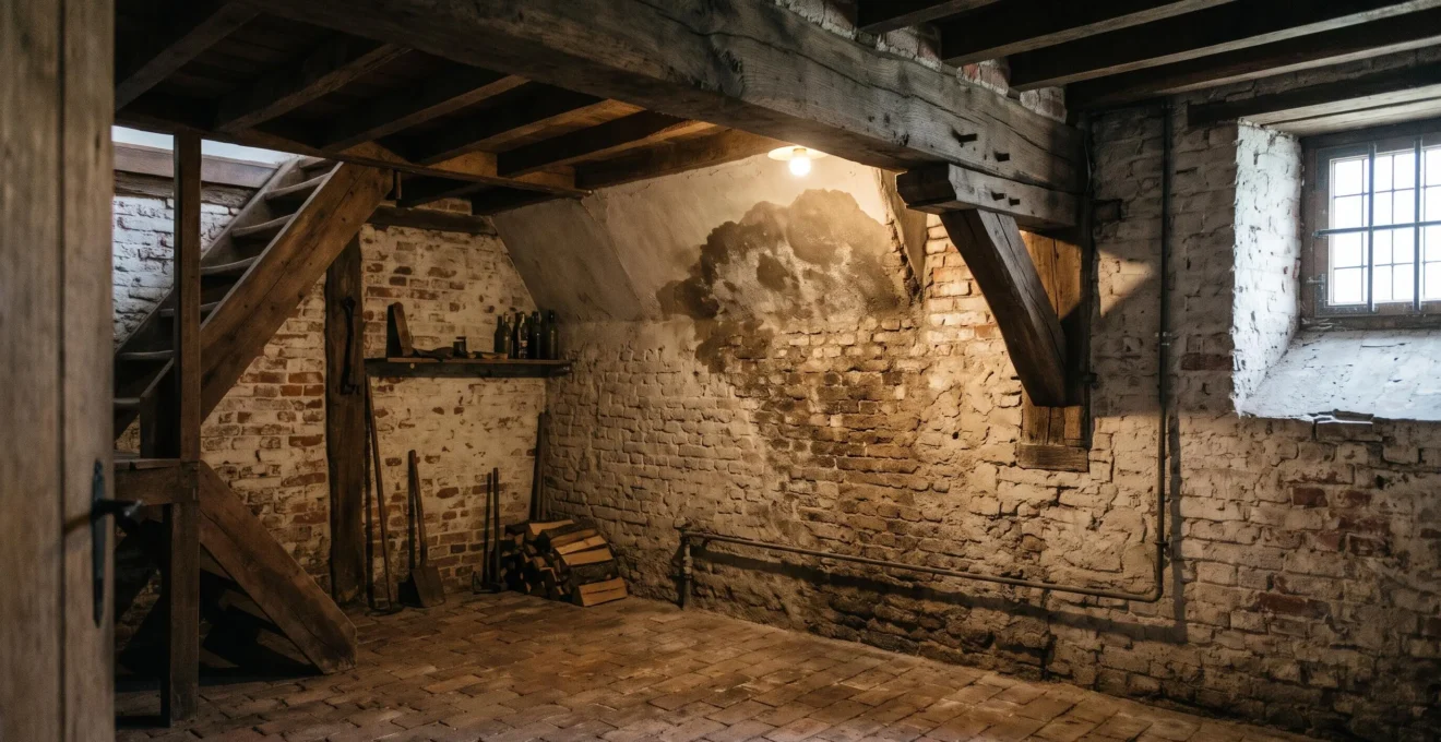 Poutres anciennes apparentes au plafond d’une cave présentant des traces d’humidité sur la maçonnerie