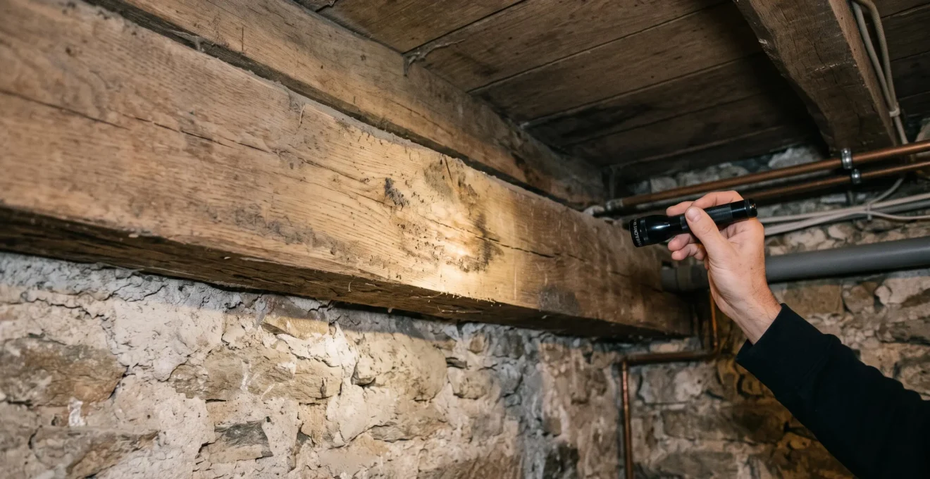 Vue rapprochée d’une solive dans une cave, avec repère visuel des zones à observer sans contact